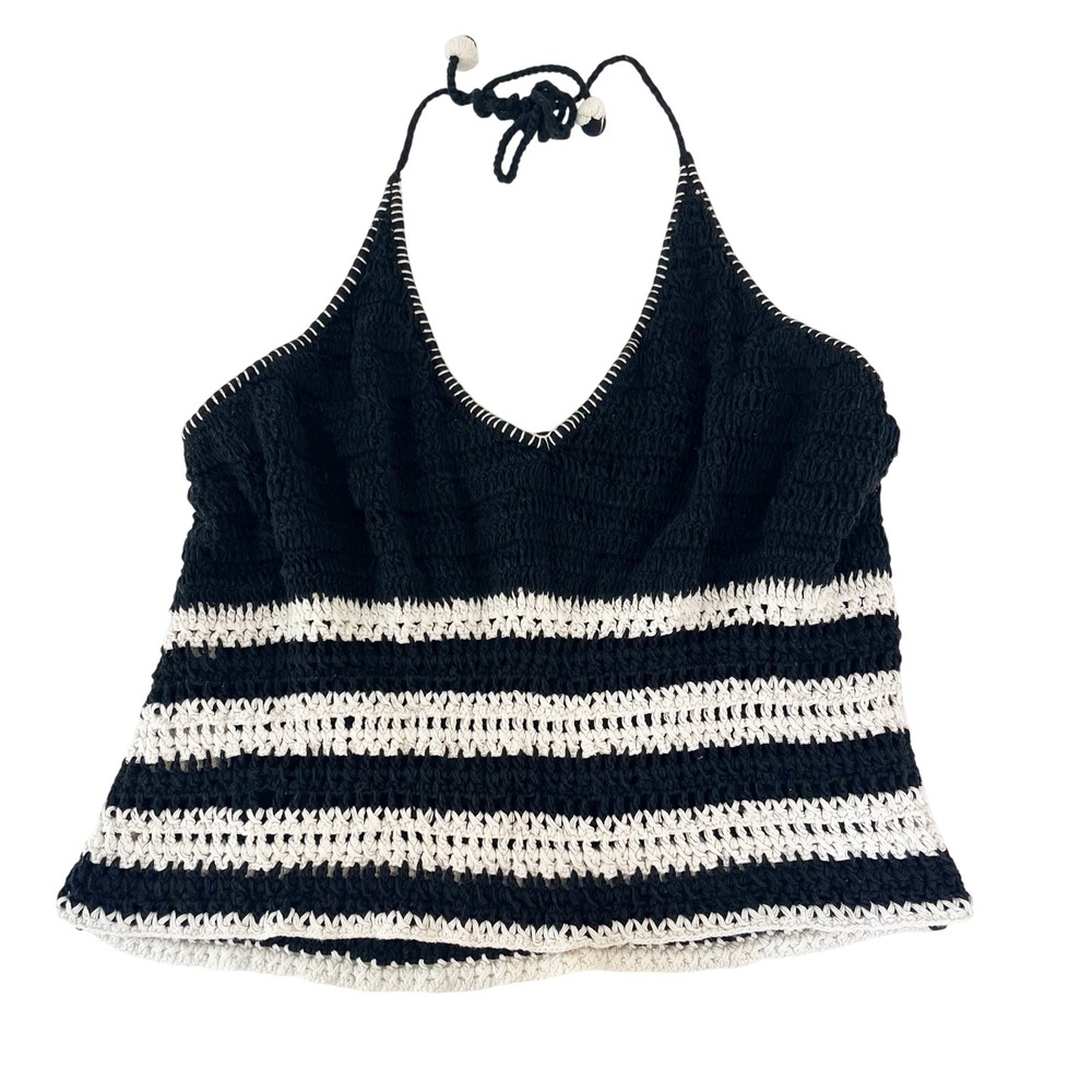 Boston Proper Y2K Crochet Halter Top Black White Striped Cotton Boho Size Large